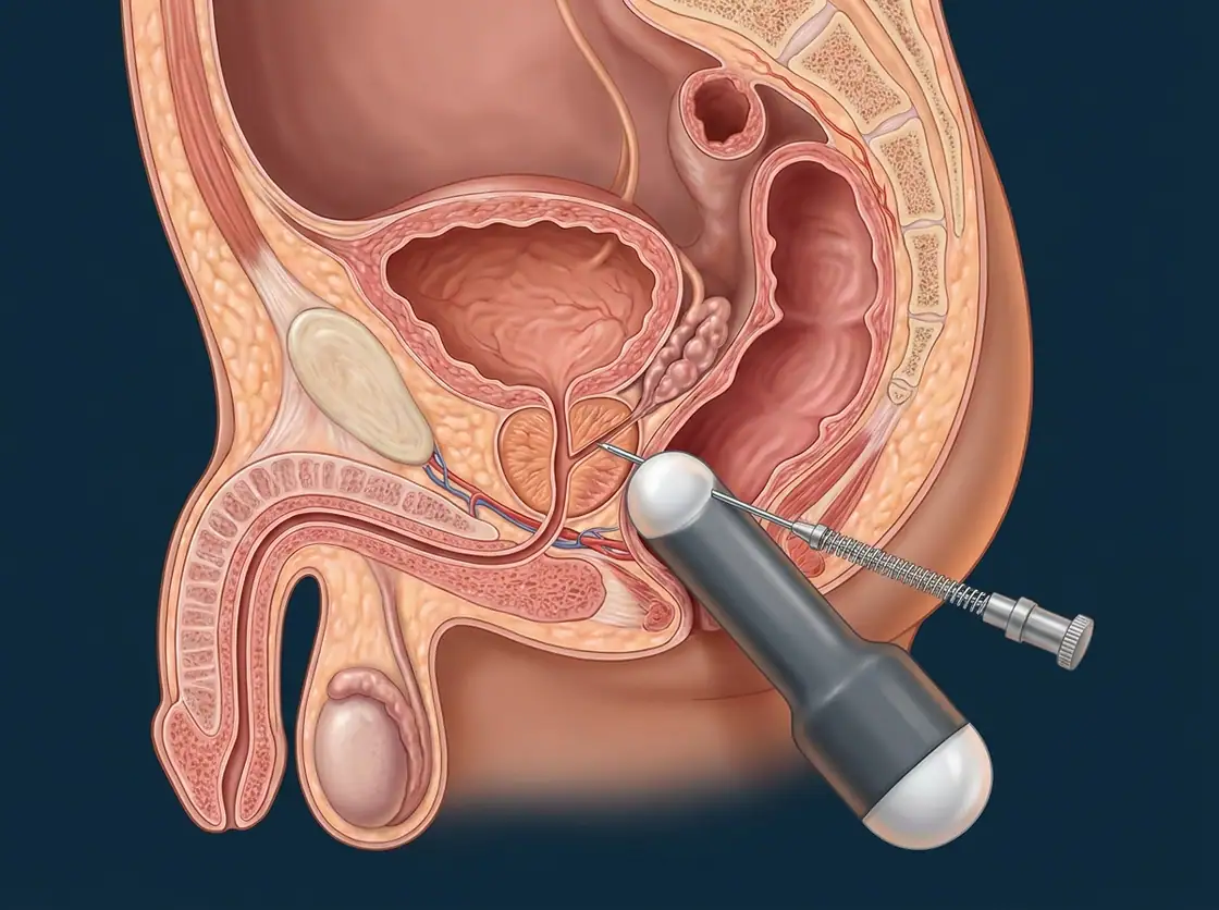 Ilustração — Biópsia de Próstata (Transretal ou Transperineal)
